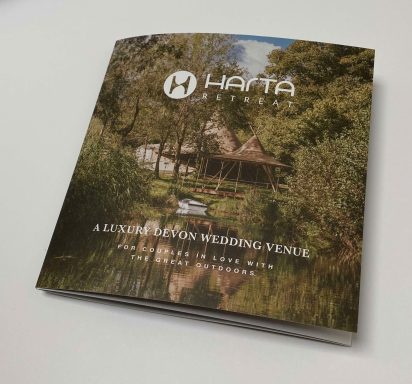 Harta Retreat 8 page roll fold luxury brochure printed on recycled FSC material.